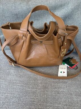 VALENTINA Brown Tan Pebbled Leather Purse Satchel Bag with Strap Handles NEW